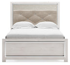 White panel bed with light gray tufted headboard and footboard drawer front.