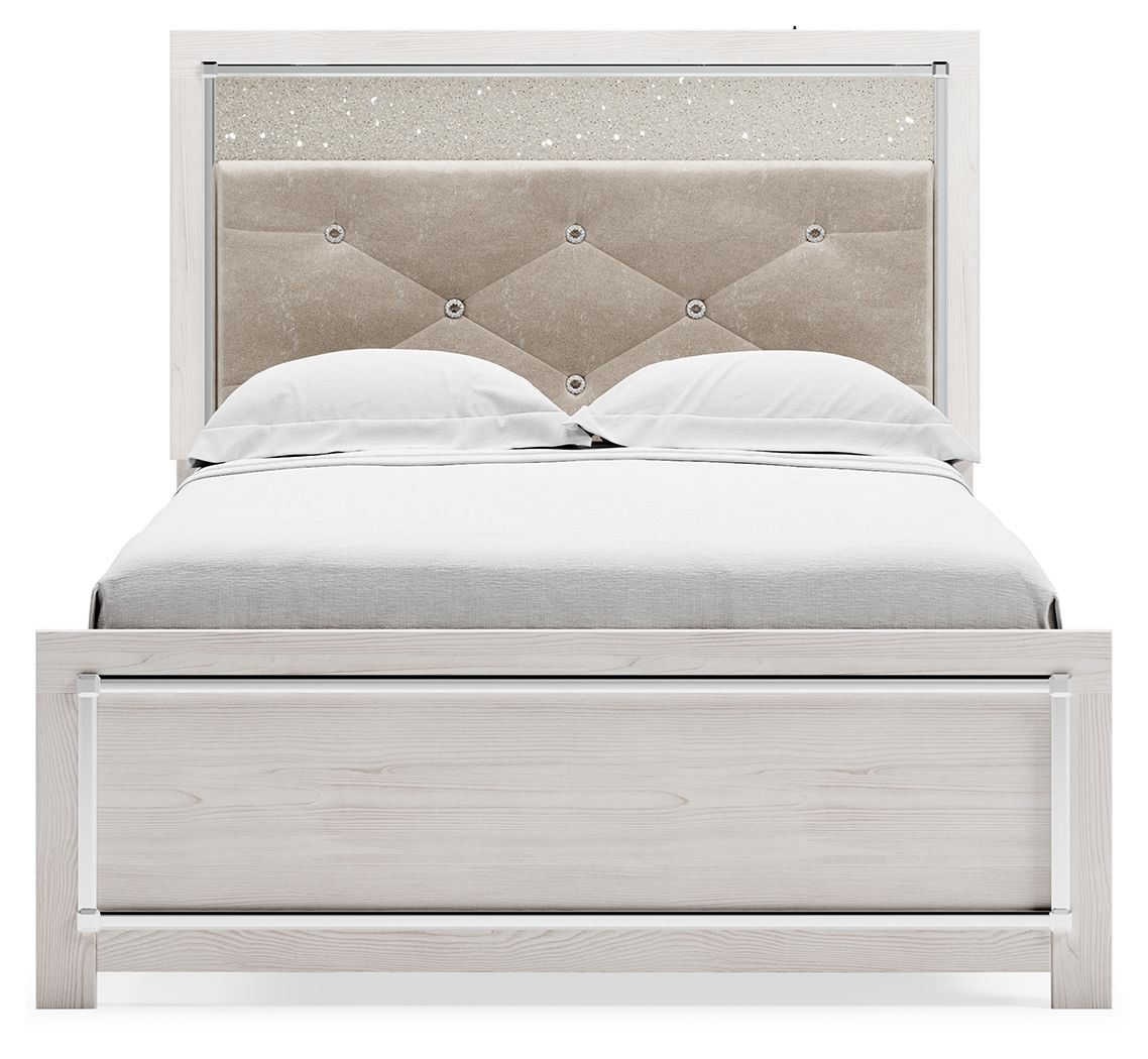 White panel bed with light gray tufted headboard and footboard drawer front.