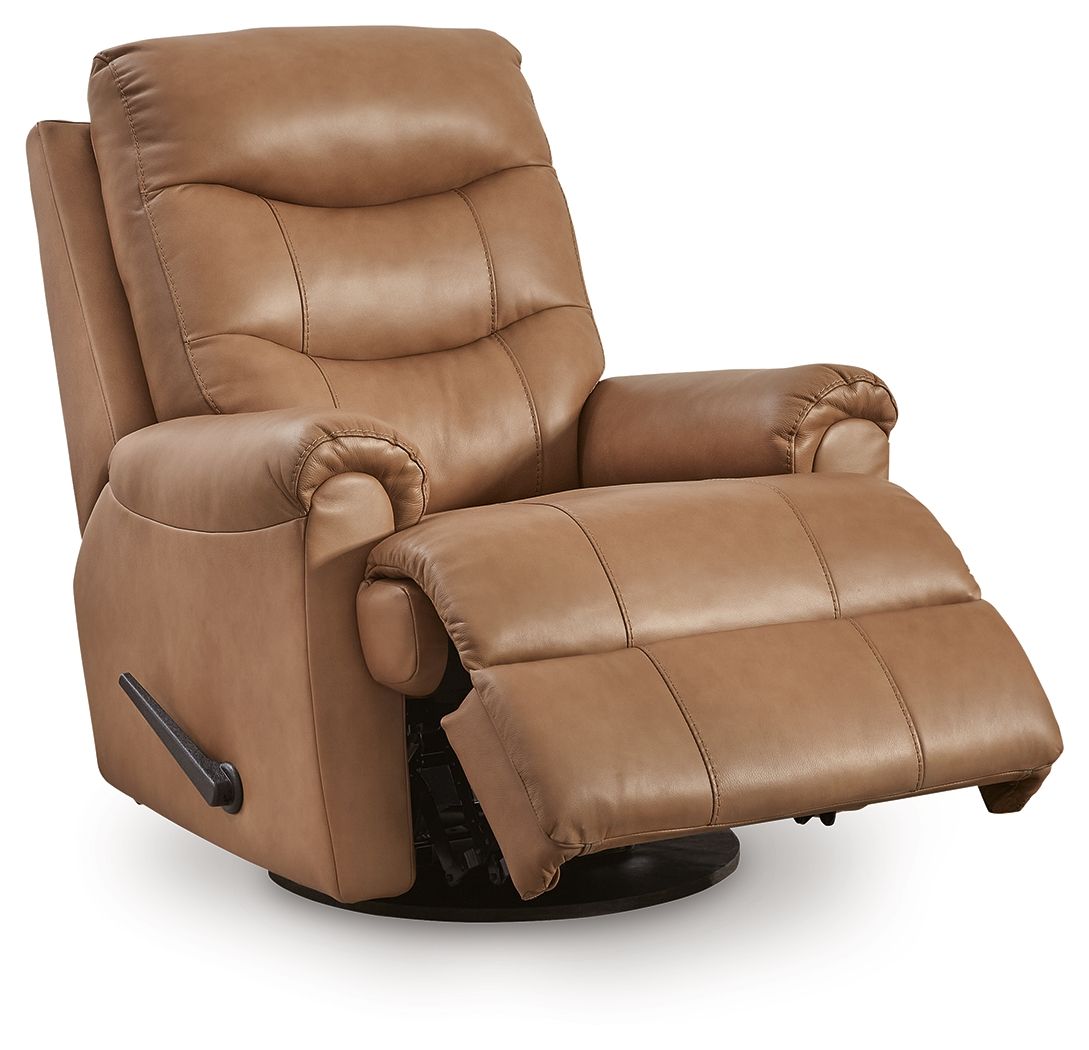 Butternut leather swivel glider recliner chair with padded armrests and reclining footrest