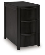 Black chair side end table with vertical slat doors and three open drawer compartments