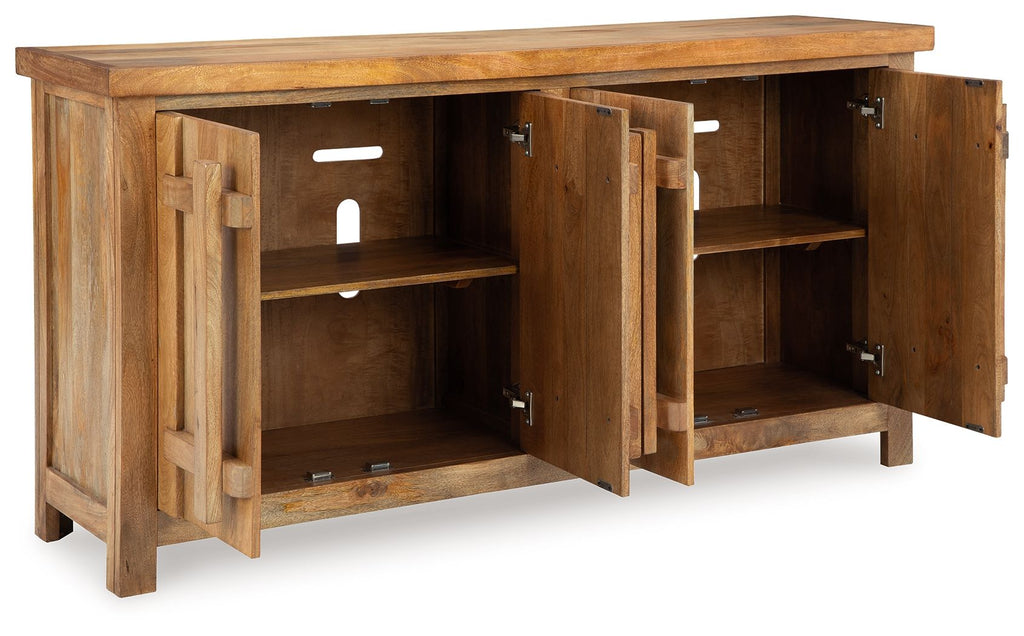 Dresor natural accent cabinet with open doors and interior shelves