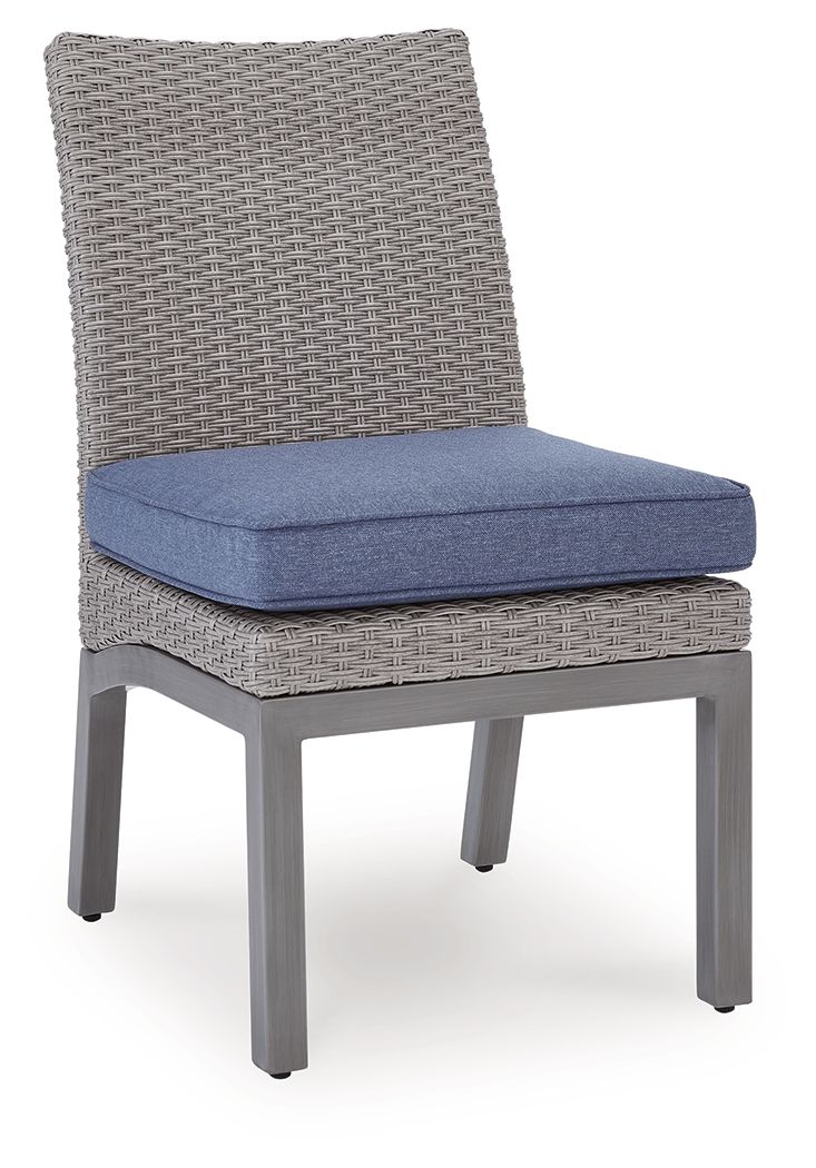 Outdoor side chair with blue seat cushion, gray woven back, and gray metal frame
