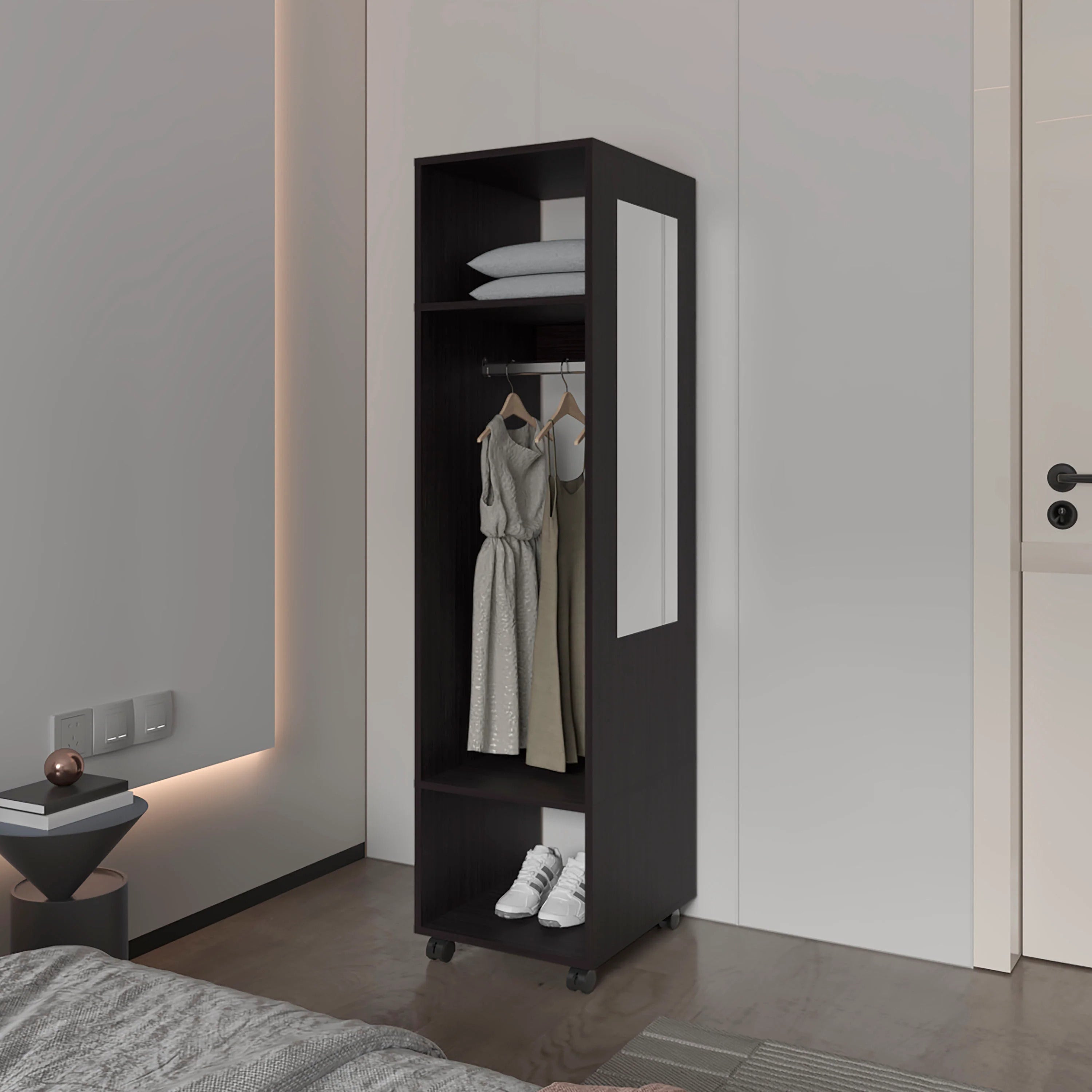 Wenge 3-Shelf Wardrobe: Mirror & Open Storage Closet Solution