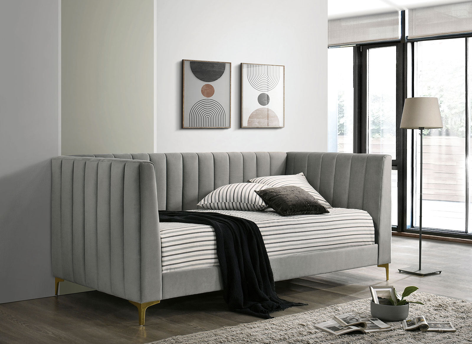Contemporary Light Gray Tuxedo Daybed, Gold Metal Legs, Channel Tufted