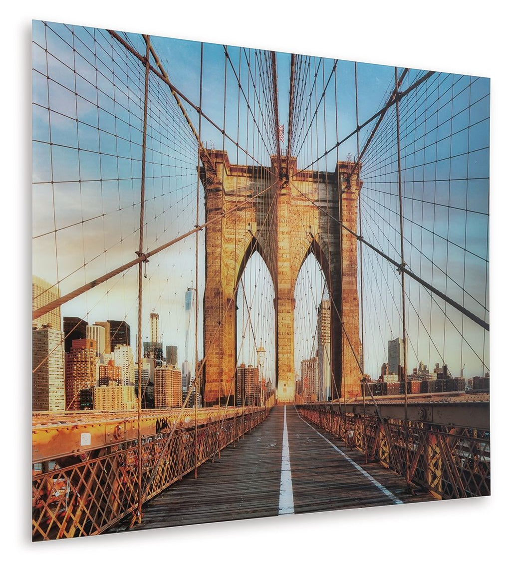 Framed bridge wall art print showing suspension bridge arches and cables