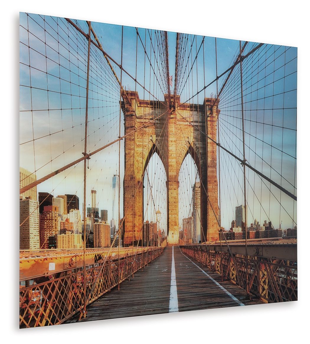 Framed bridge wall art print showing suspension bridge arches and cables