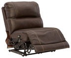 Chocolate brown power armless recliner with adjustable headrest and stitched panels