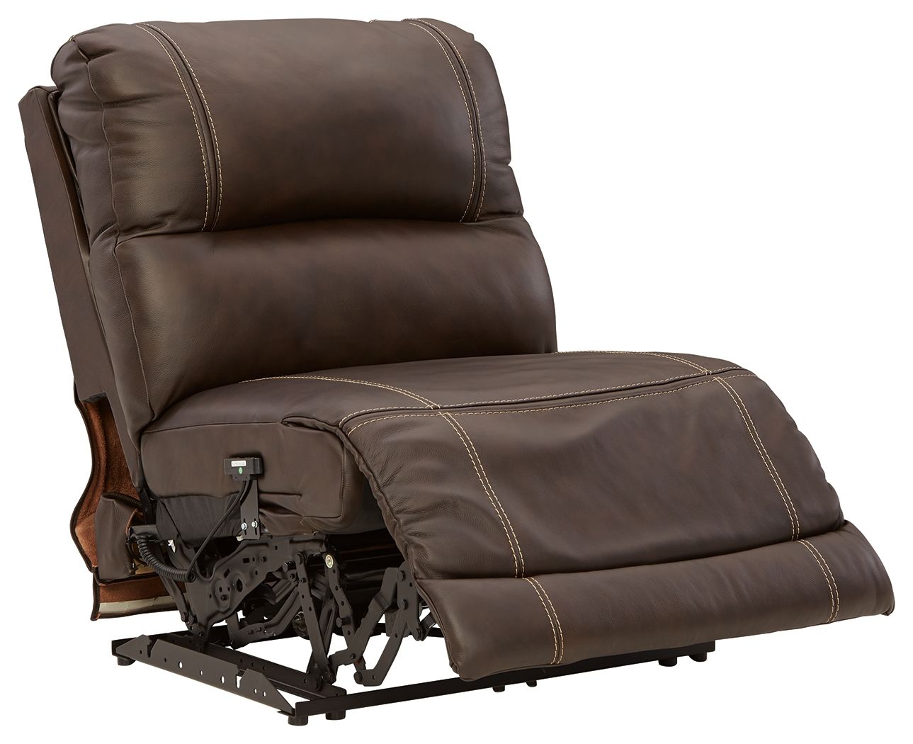 Chocolate brown power armless recliner with adjustable headrest and stitched panels