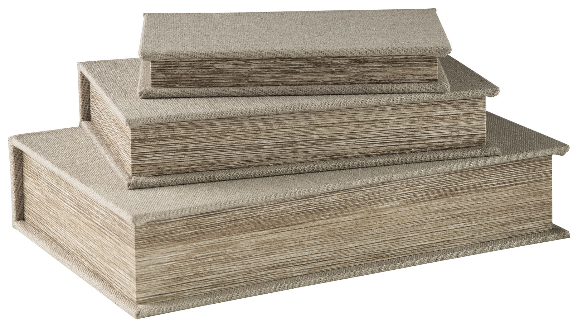 Decorative box set with stacked light gray fabric lids and wood-textured sides.