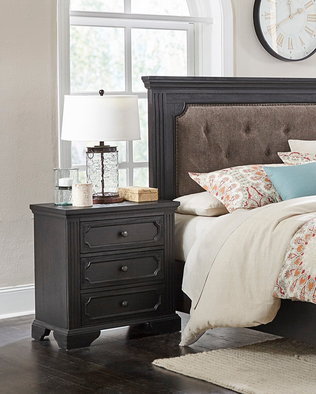 Rustic Charcoal Style 3-Drawer Nightstand Bedroom Furniture
