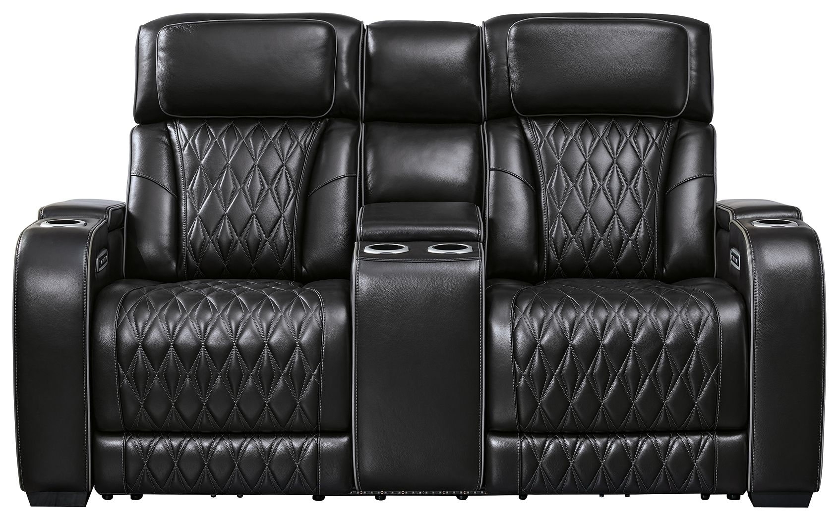 Black power reclining loveseat with center console and diamond-quilted back and seats