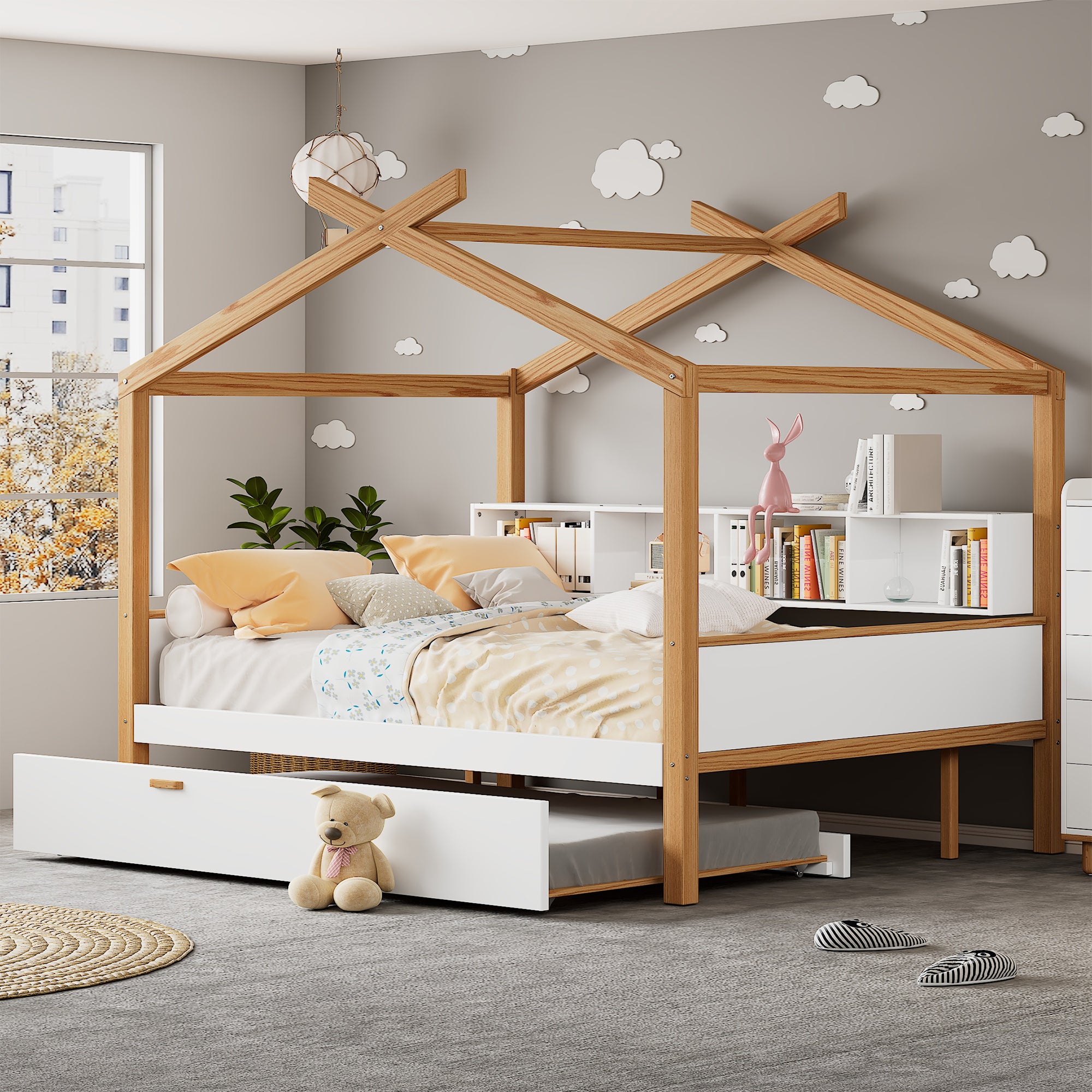 White Twin Wooden House Bed with Trundle, Bookshelf Storage