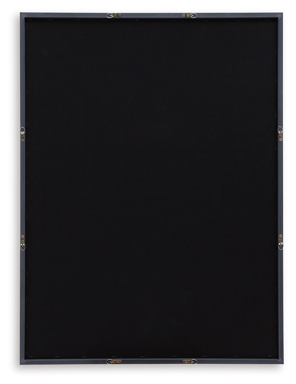 Framed wall art with blank black backing, black frame, and hanging hardware