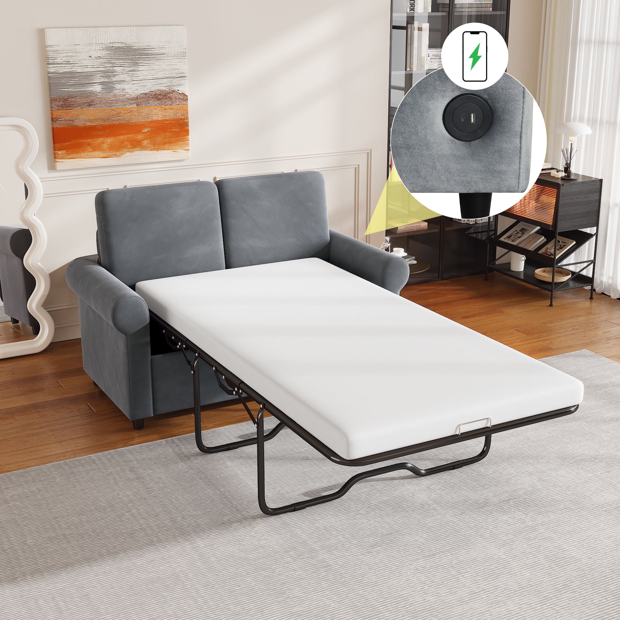 57.4" Pull Out Sofa Bed, Sleeper Sofa Bed With Premium Twin Size Mattress Pad, 2 In 1 Pull Out Couch Bed With Two USB Ports For Living Room, Small Apartment, Gray (Old Sku:Wf296899)