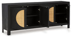Black accent cabinet with open doors revealing shelves and natural wood panel insets
