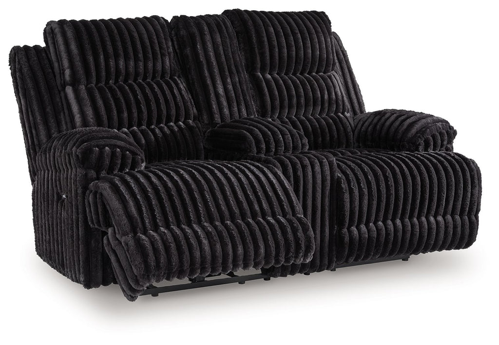 Onyx corduroy double reclining loveseat with headrest pads and extended footrest