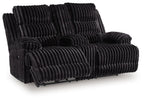 Onyx corduroy double reclining loveseat with headrest pads and extended footrest