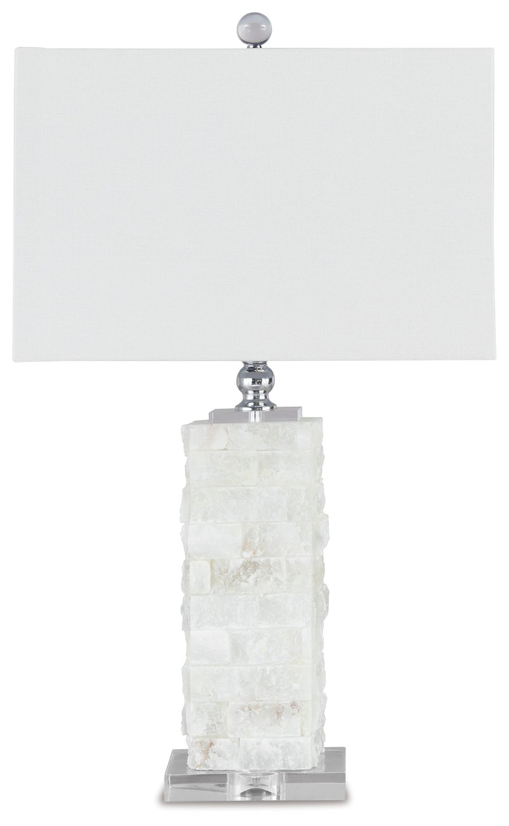 White alabaster table lamp with wide rectangular shade and stacked stone column base