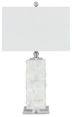 White alabaster table lamp with wide rectangular shade and stacked stone column base