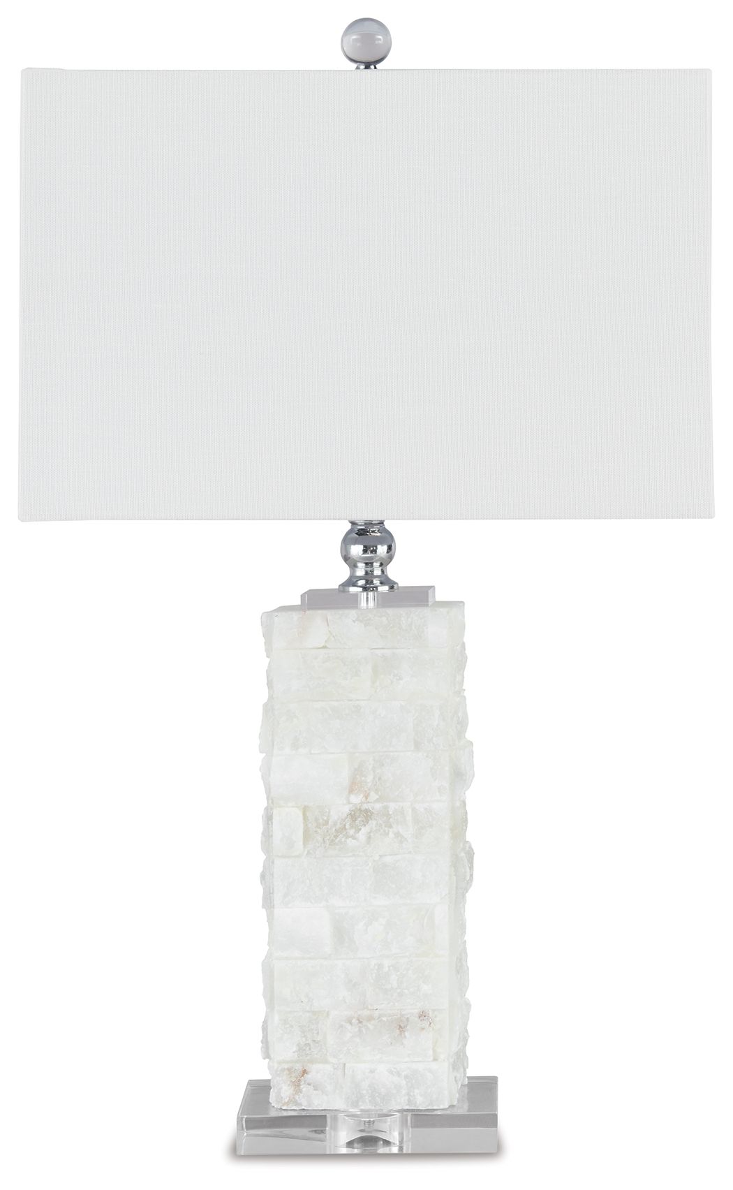 White alabaster table lamp with wide rectangular shade and stacked stone column base