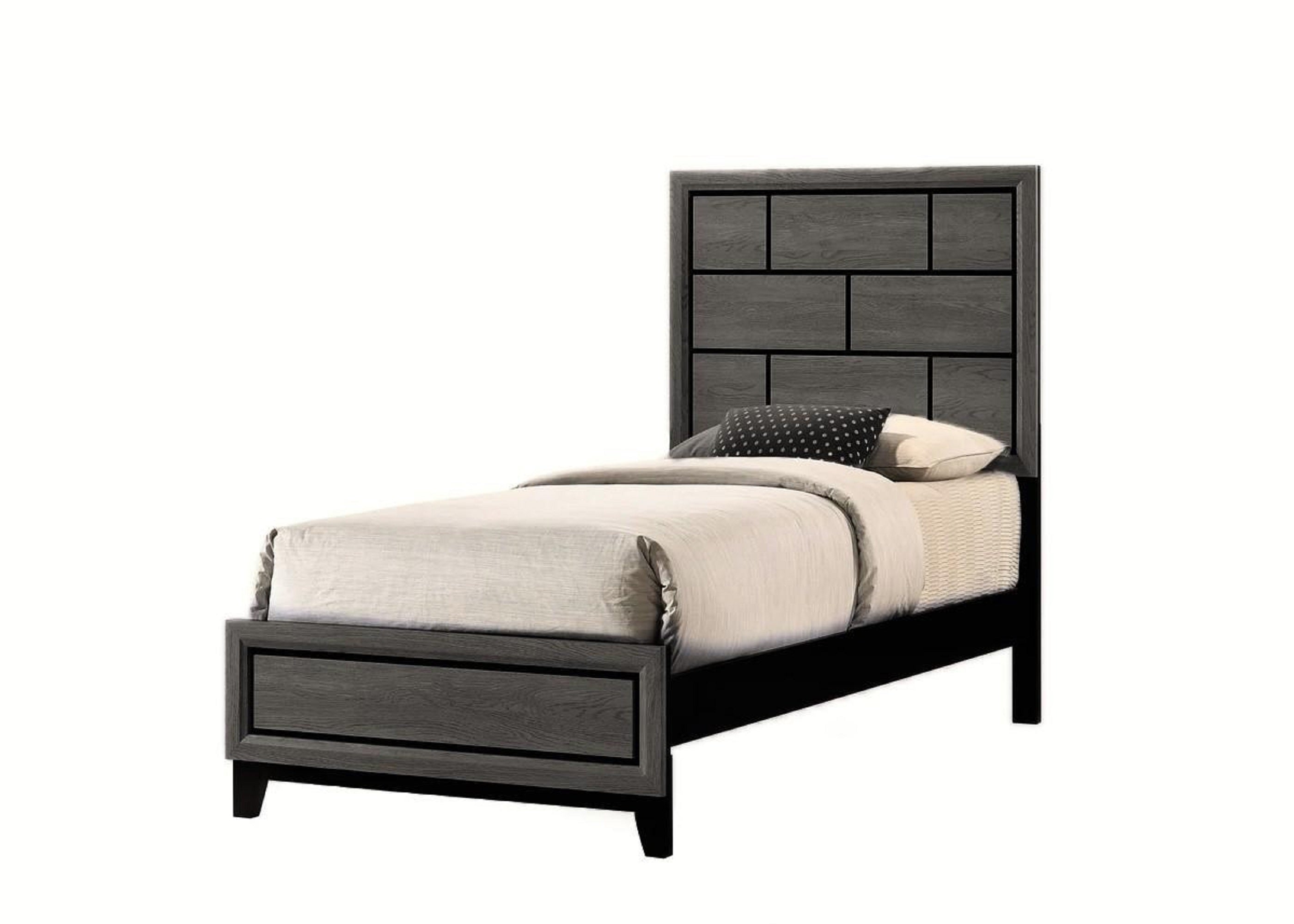 Gray Twin Bed: Kids Geometric Panel Low-Profile Youth Wooden Bedroom Furniture
