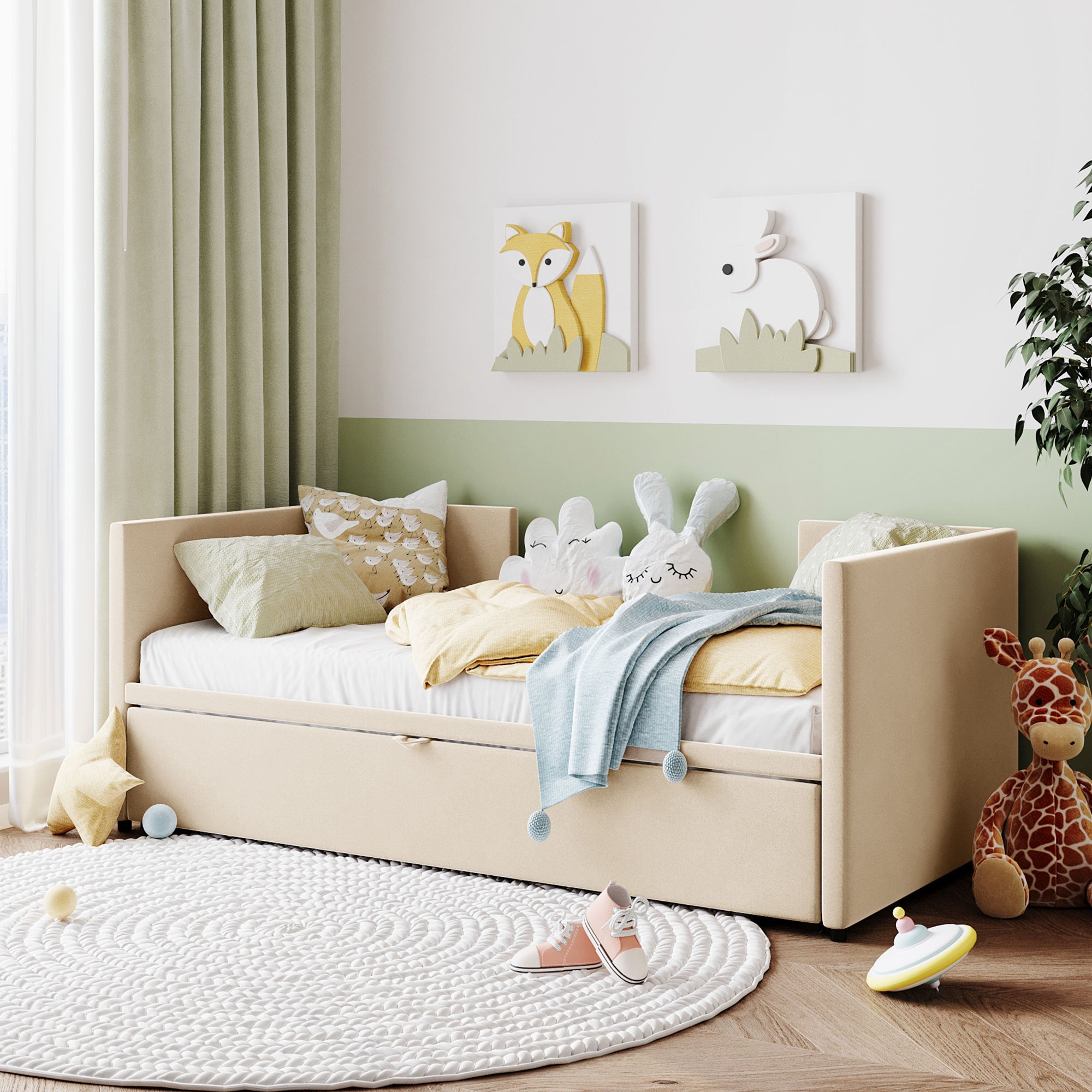 Twin Size Upholstered Daybed with Pop-Up Trundle - Beige