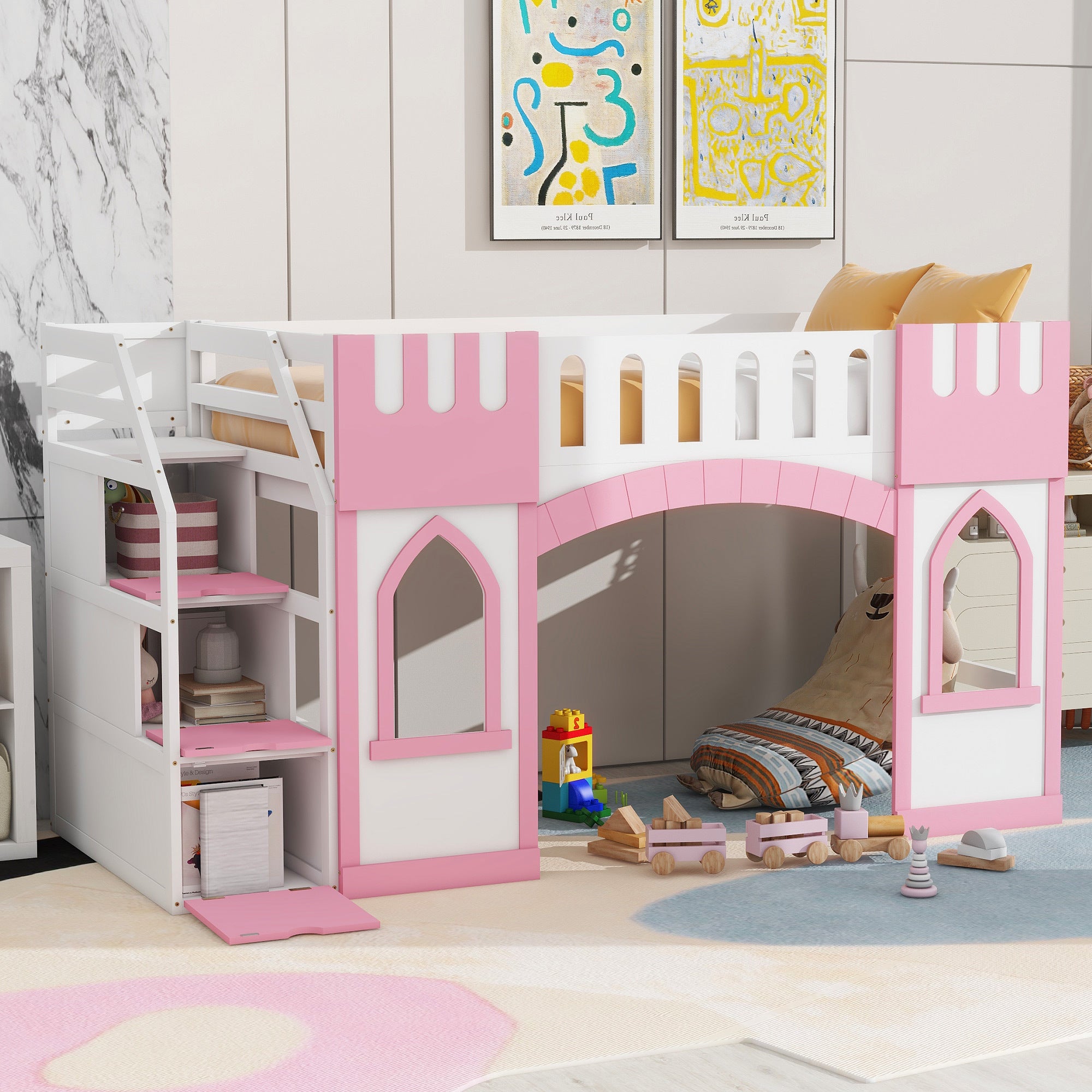 Pink Twin Loft Bed: Storage Stairs, Window Design