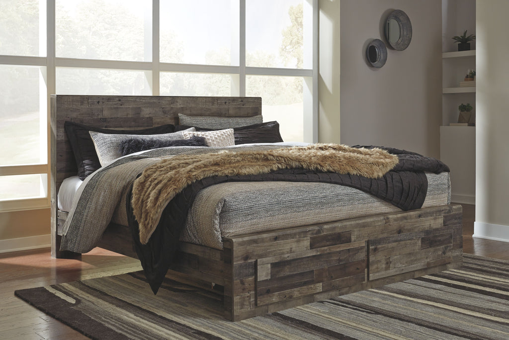 Dark wood panel bed frame with tan faux-fur throw and draped gray bedding