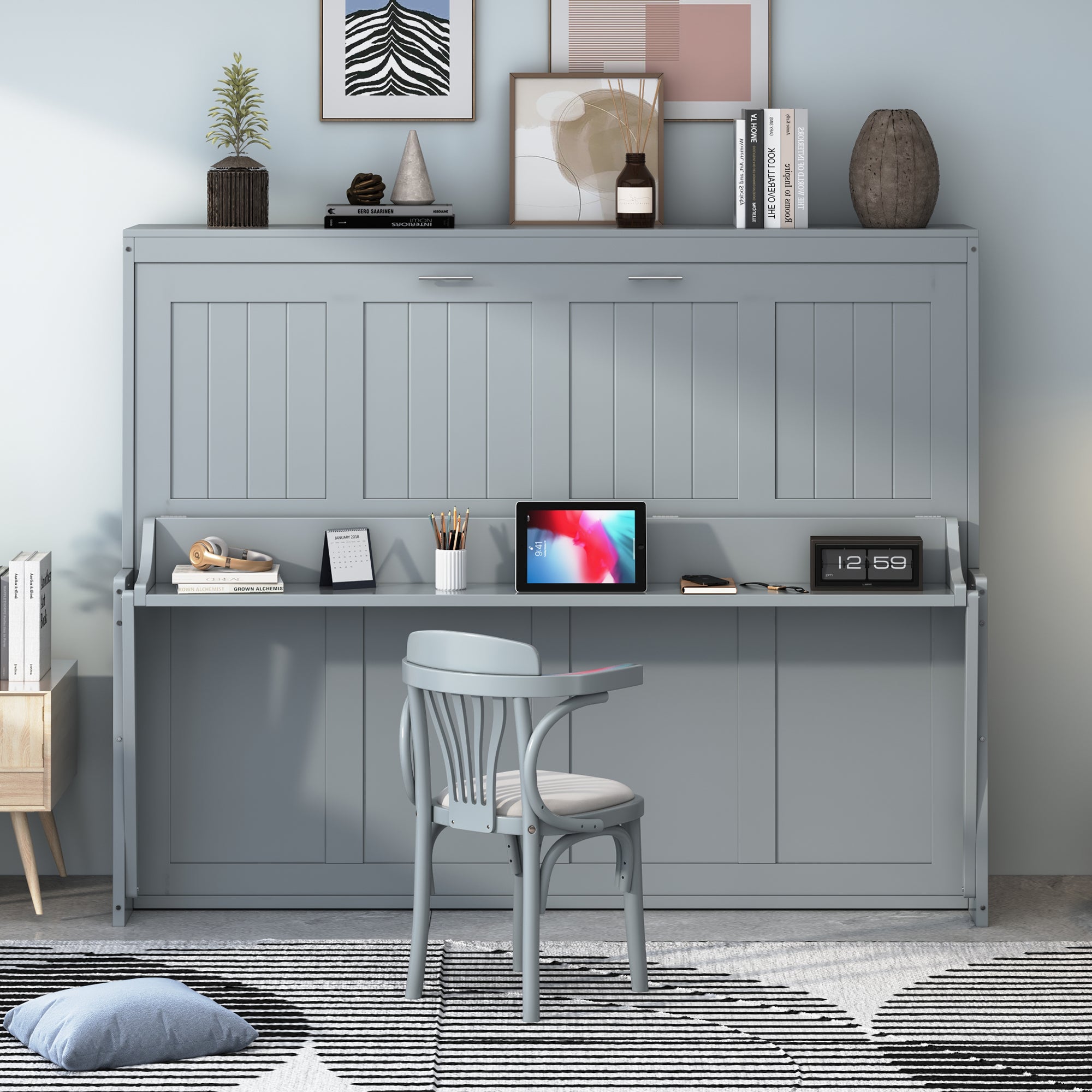 Full Size Gray Murphy Bed with Hydraulic Lift Desk