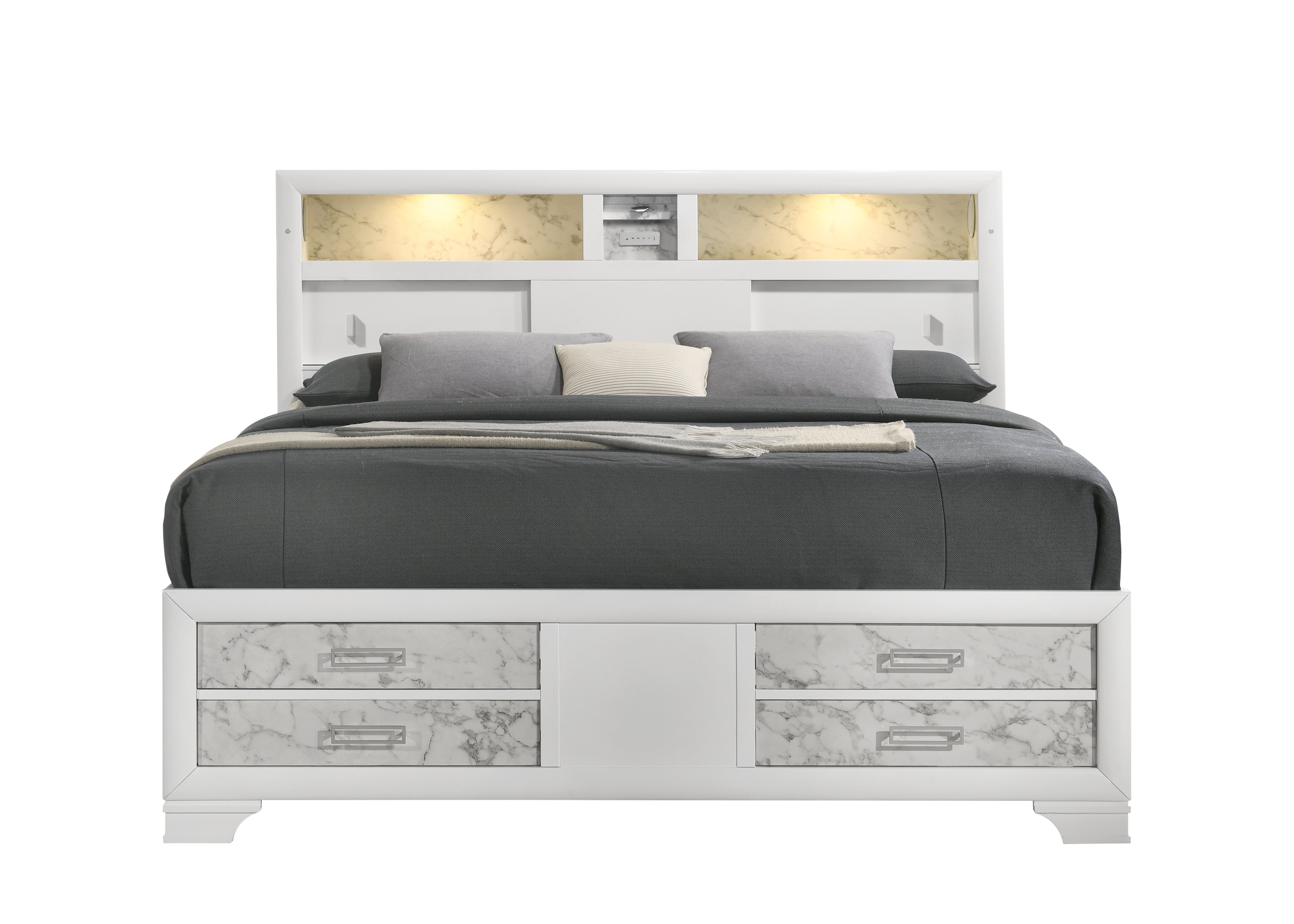 Soul Modern King Bed: White Wood, Footboard Drawers & Headboard Shelves