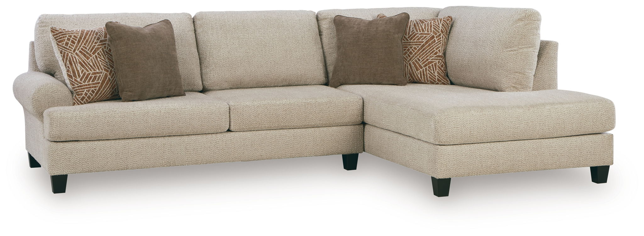Light beige sectional sofa with left-facing corner chaise and 5 accent pillows