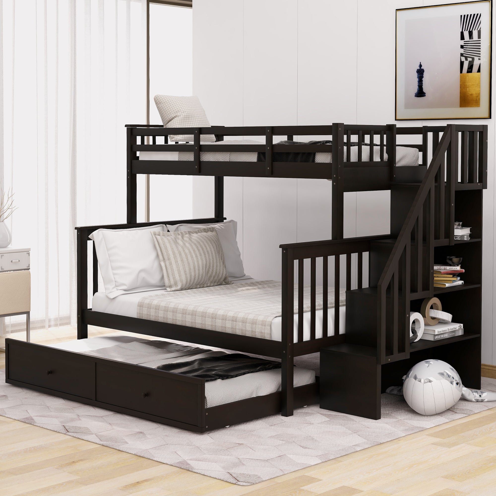 Adult Twin/Full Bunk Bed w/ Trundle, Storage, Guard Rail - Espresso