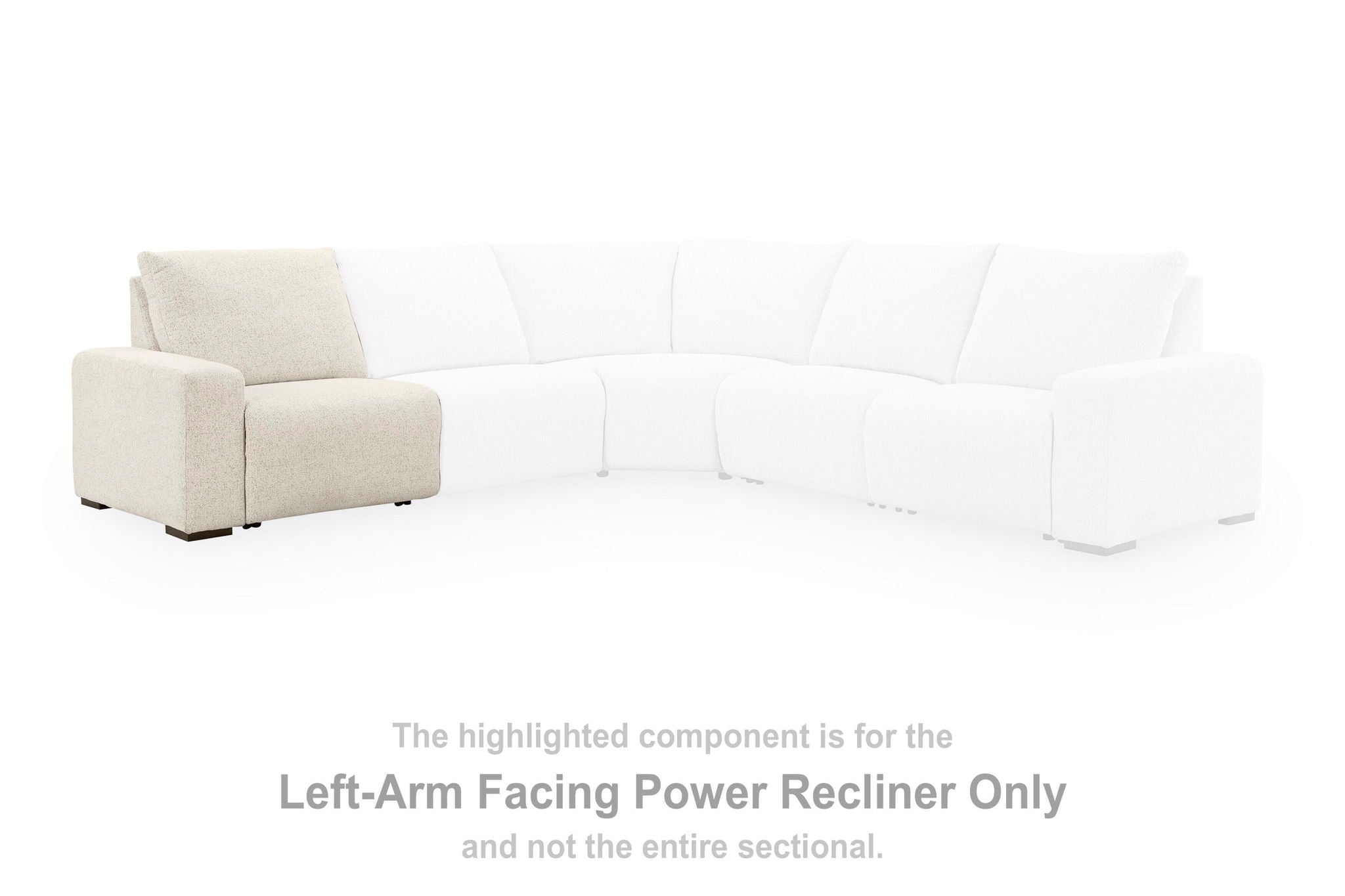 Left-arm facing power recliner section, beige upholstery, recline-ready seat and back