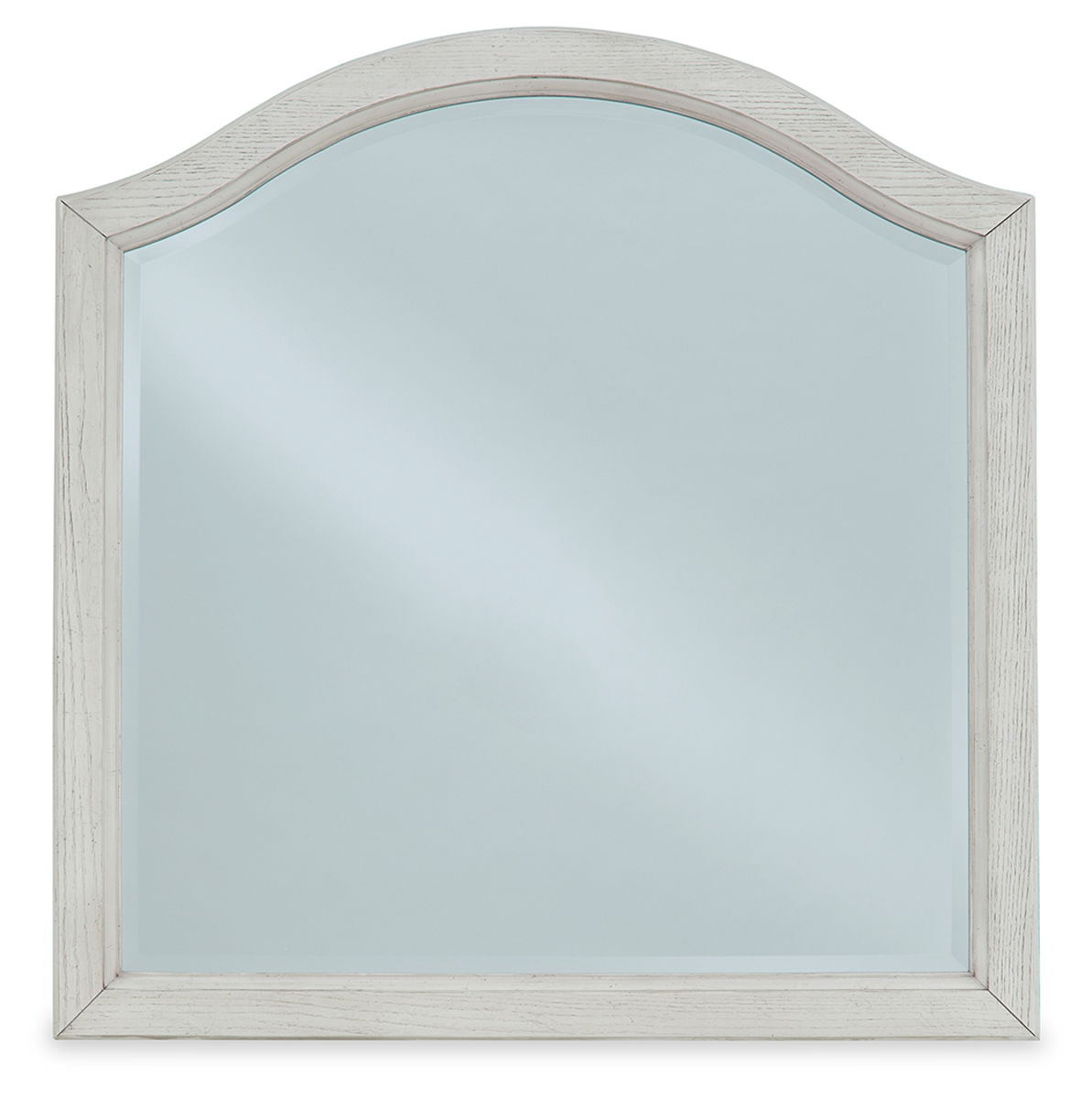 Youth bedroom mirror with arched silhouette and antique white distressed frame