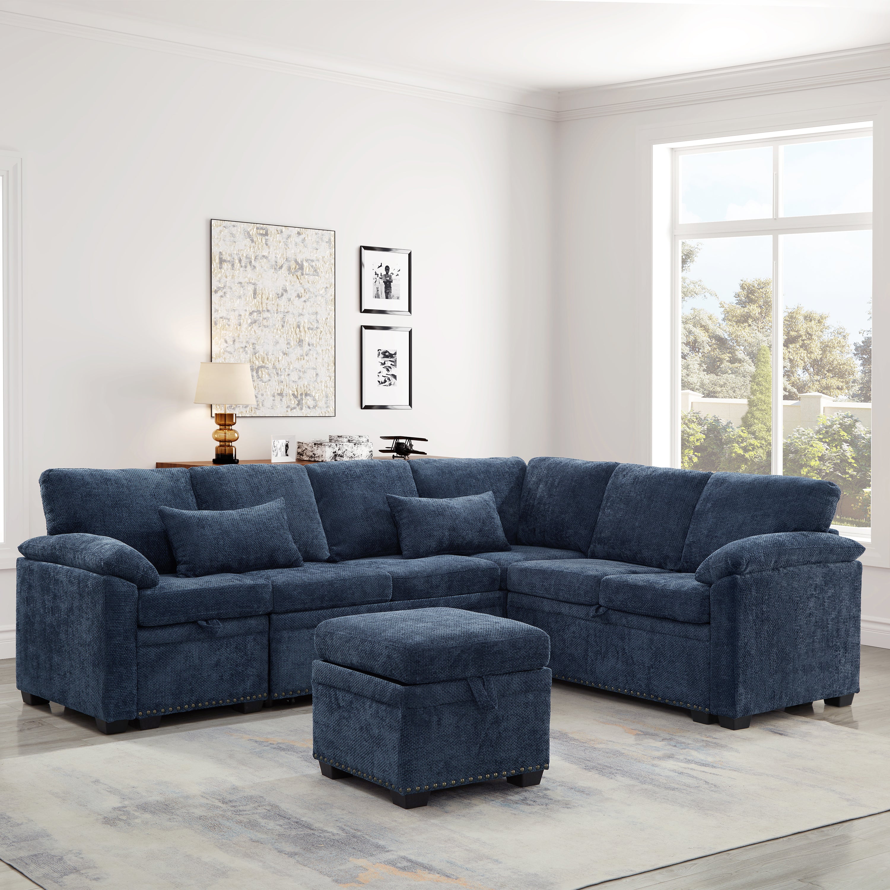 97" Dark Blue Chenille L-Shape Sectional Sofa w/ Ottoman
