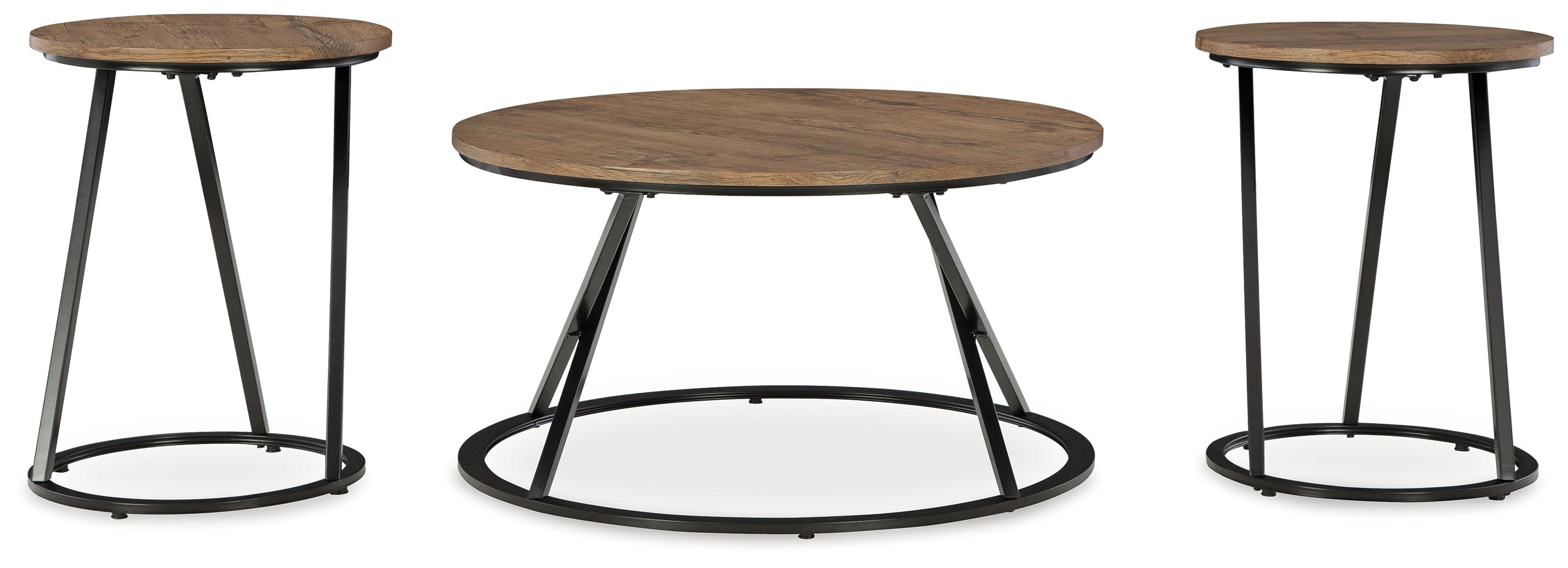 Nesting set of 3 round side tables with brown wood tops and black metal frames