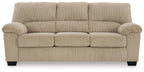 Sand ribbed sofa with rolled arms, three seat cushions and dark legs