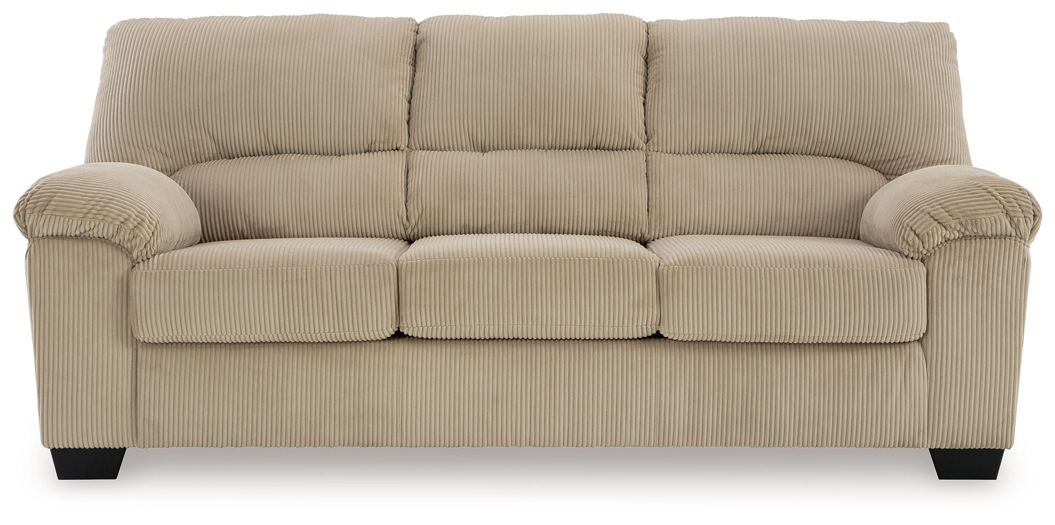 Sand ribbed sofa with rolled arms, three seat cushions and dark legs