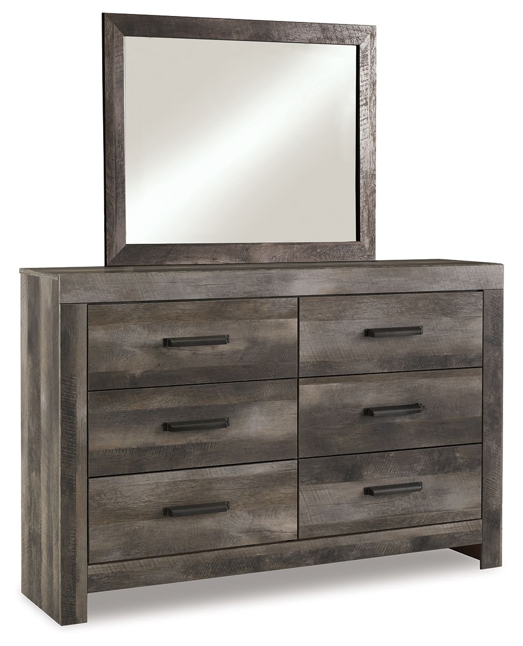 Gray dresser with six drawers and a framed wall mirror