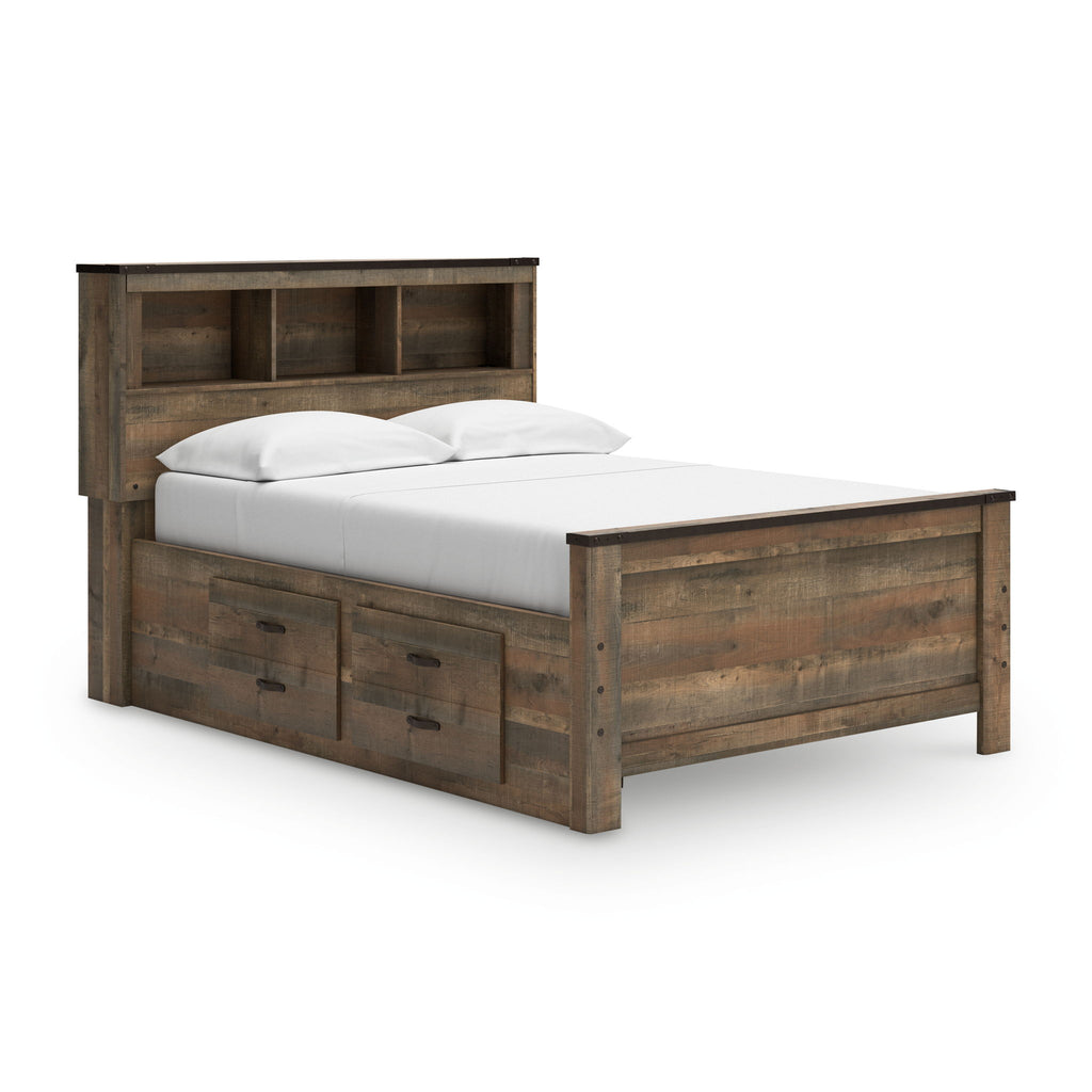 Dark brown bookcase bed with storage drawers and open shelves at the head