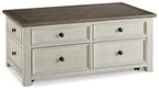 Lift-top cocktail table in white finish with brown top and four drawers