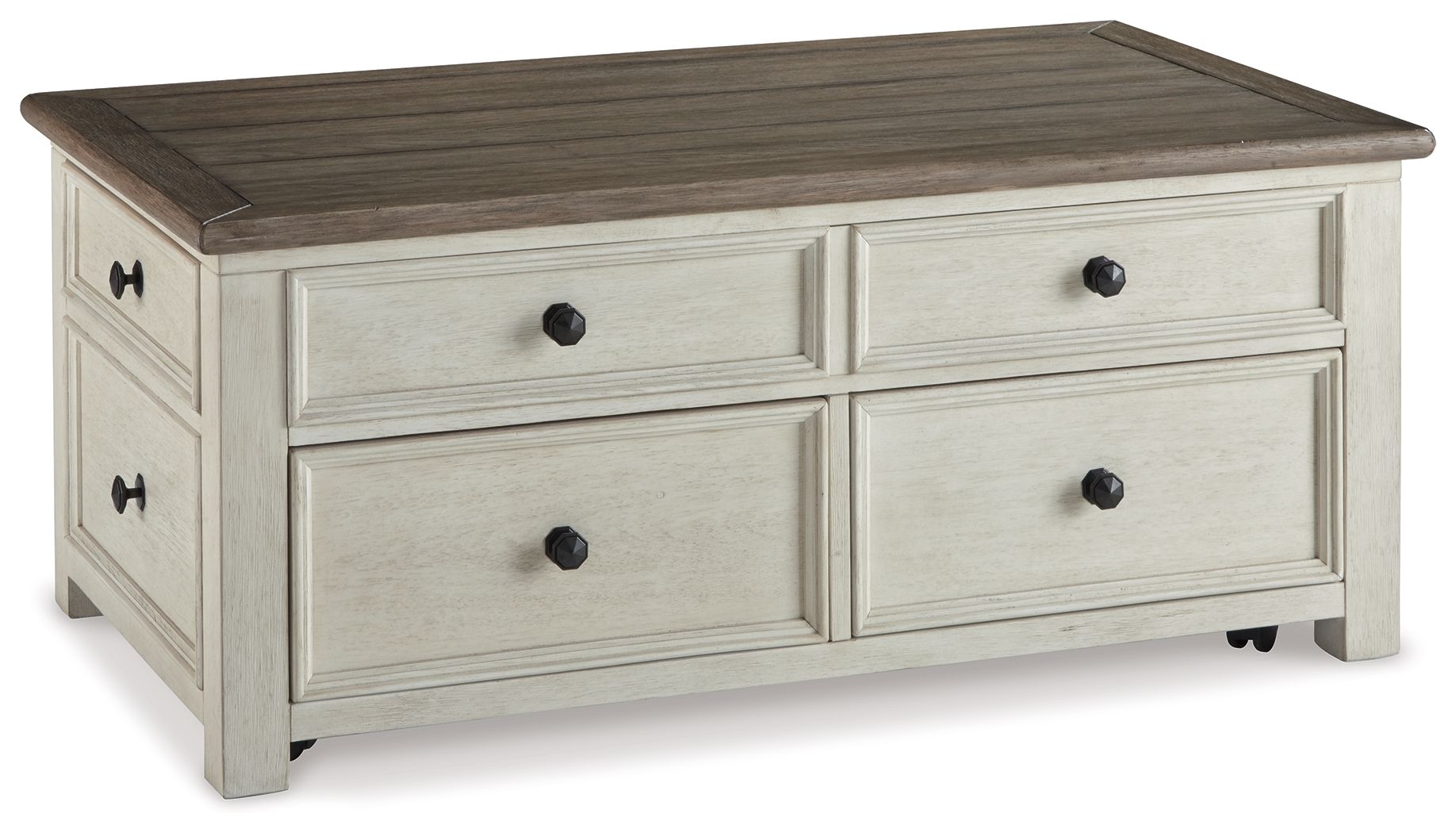 Lift-top cocktail table in white finish with brown top and four drawers
