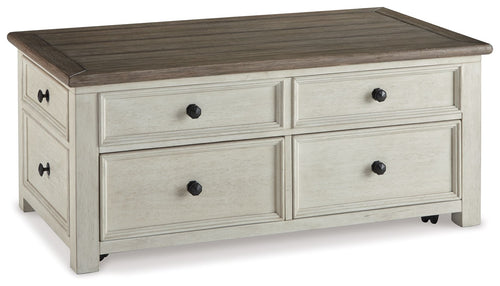 Lift-top cocktail table in white finish with brown top and four drawers