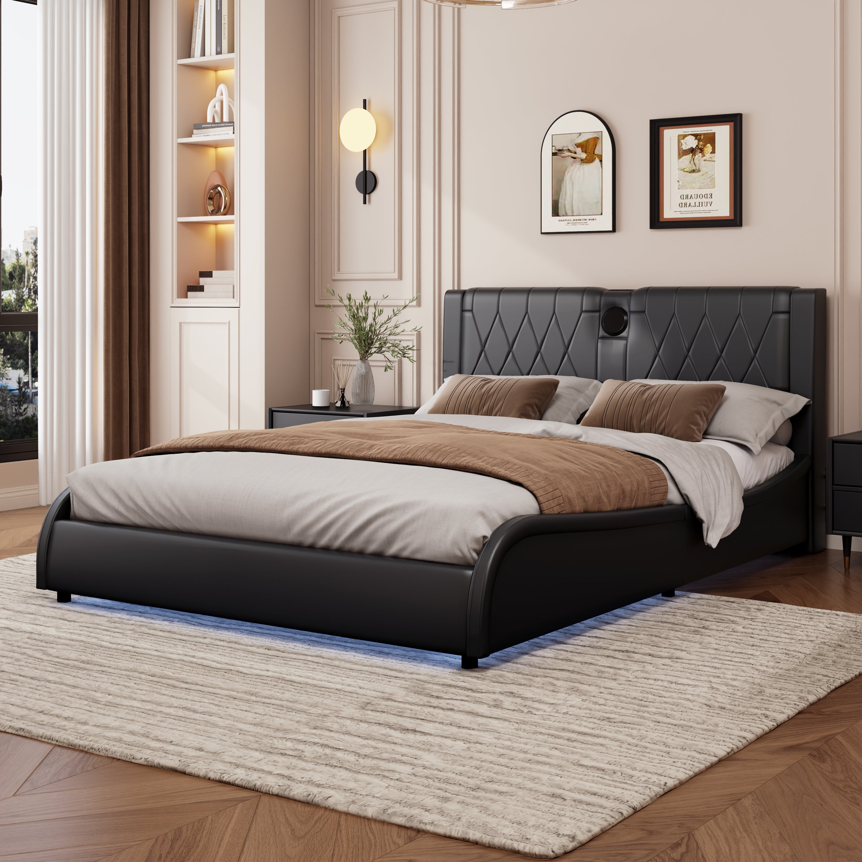 Luxurious Full Size Faux Leather Platform Bed Bluetooth RGB LED