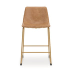 Upholstered barstool, light brown padded seat and back, gold-tone legs