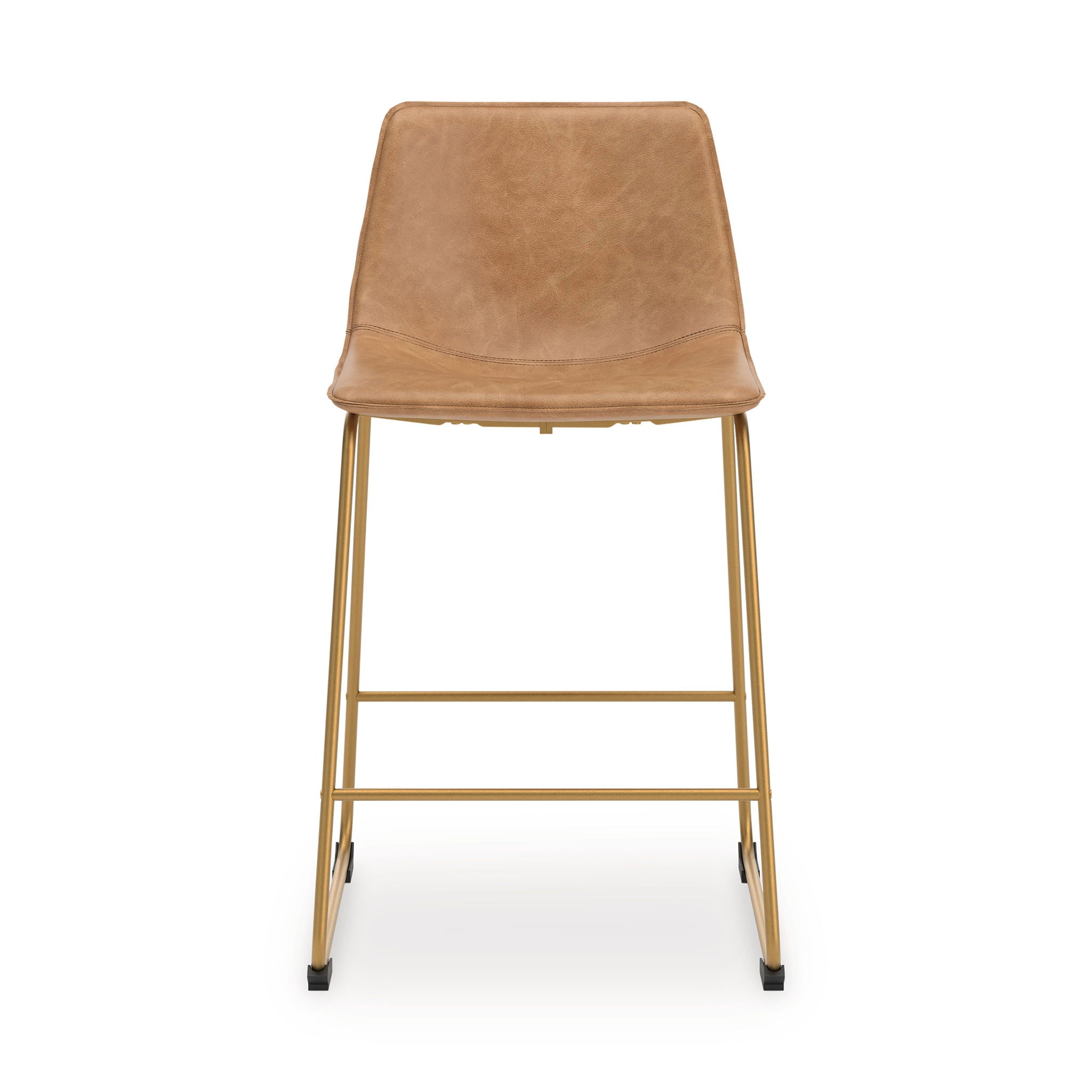 Upholstered barstool, light brown padded seat and back, gold-tone legs