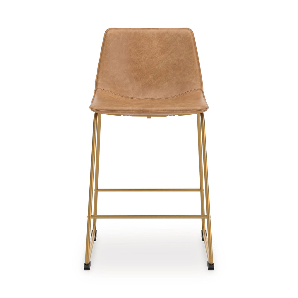 Tall upholstered barstool, light brown back and seat, gold frame with splayed legs.