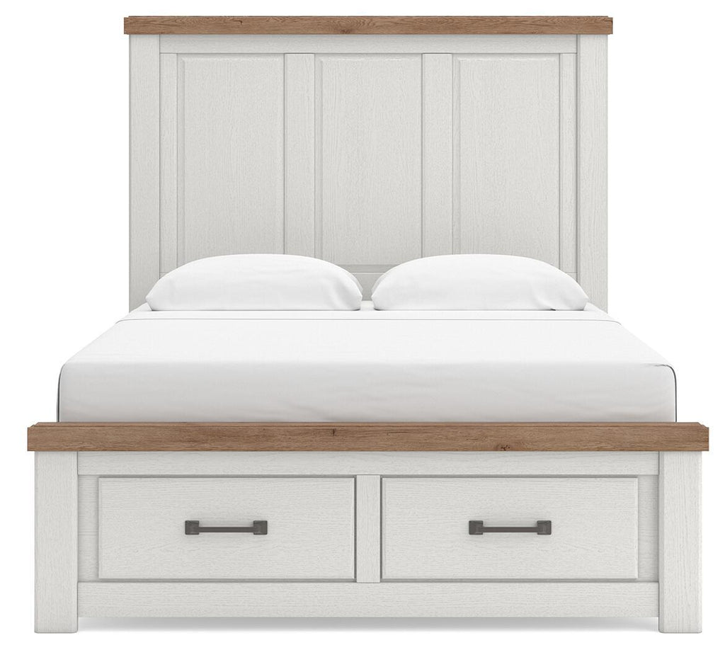 White panel storage bed with two storage drawers and wood-trim headboard