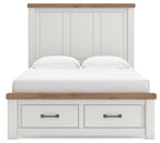 White panel storage bed with two storage drawers and wood-trim headboard