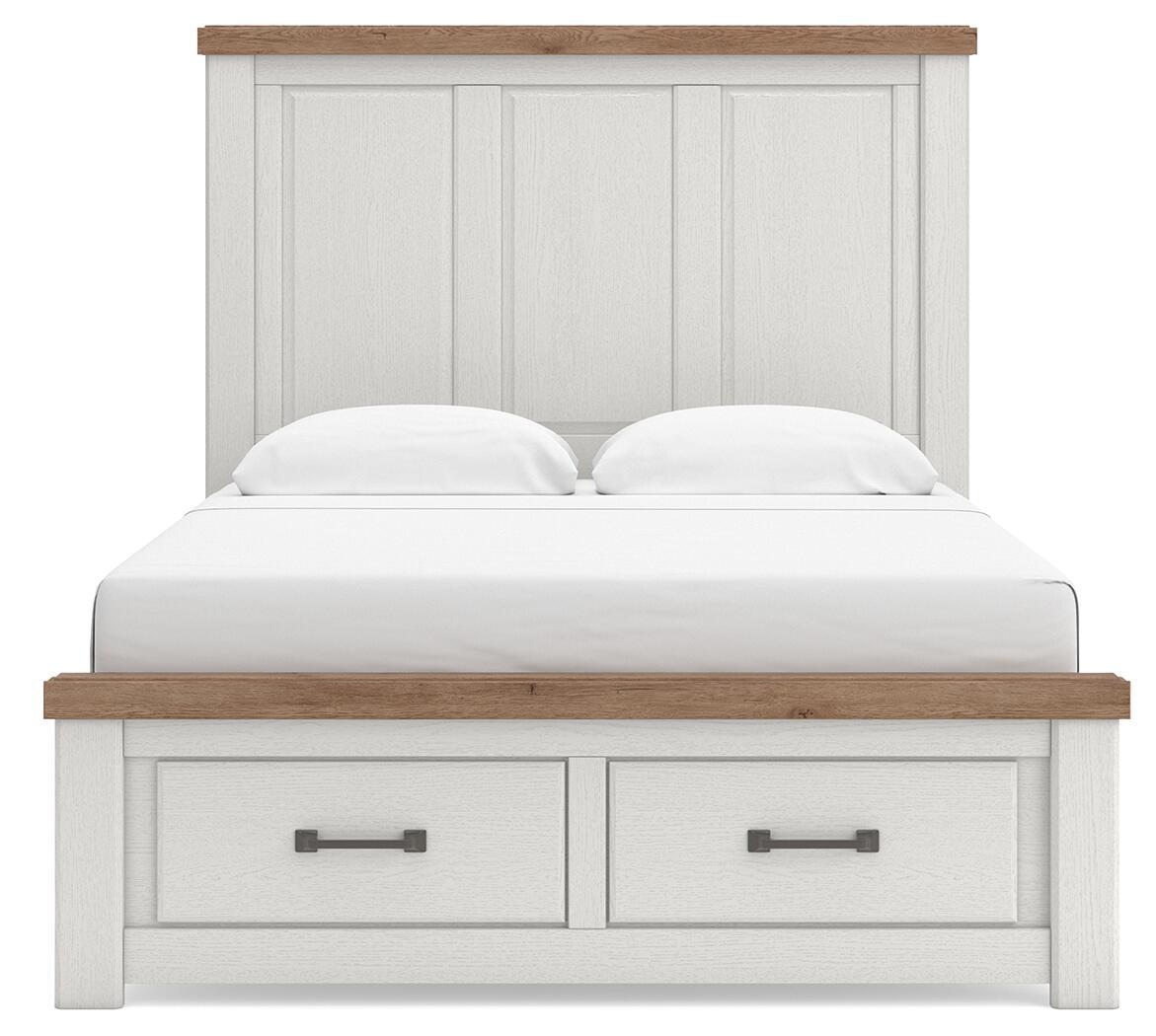 White panel storage bed with two storage drawers and wood-trim headboard